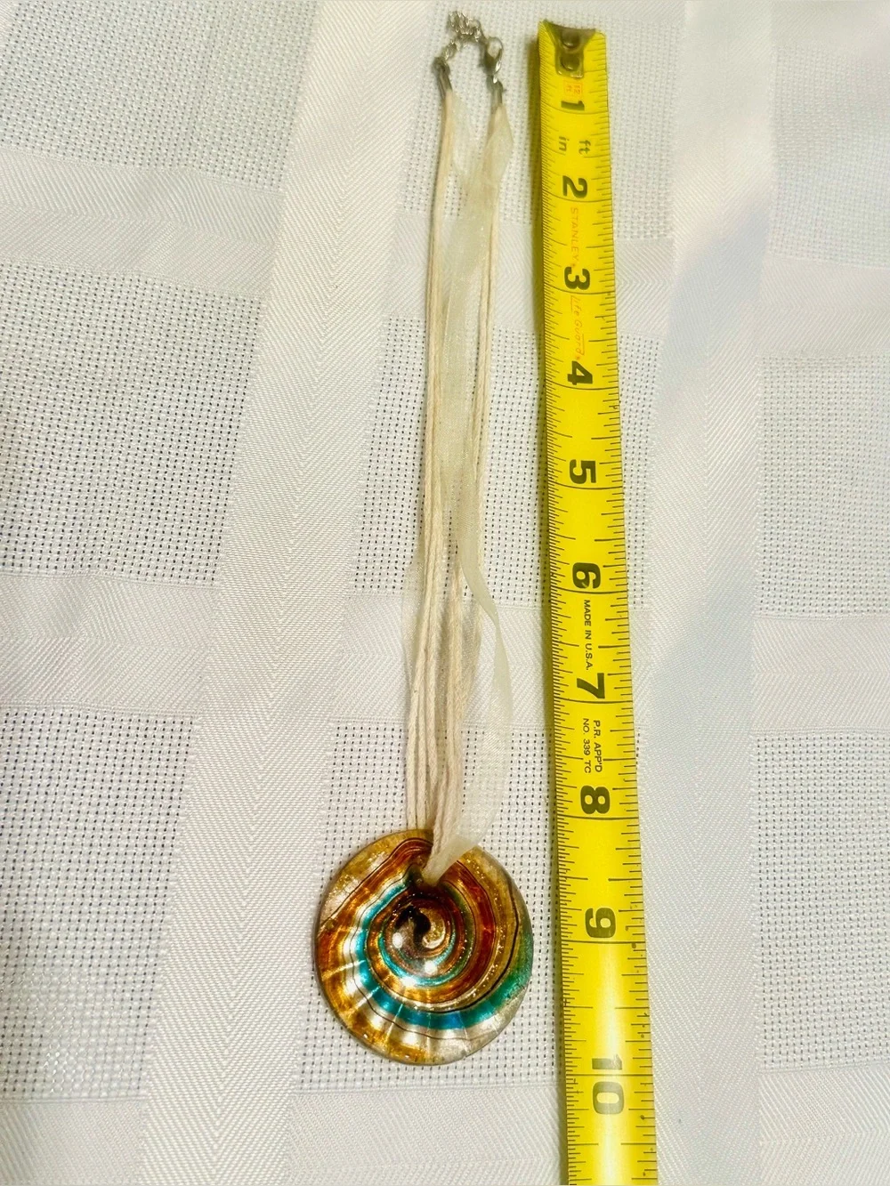 Murano Style Spiral Art Glass Round Bronze/Teal Pendant Necklace w/Claw Clasps